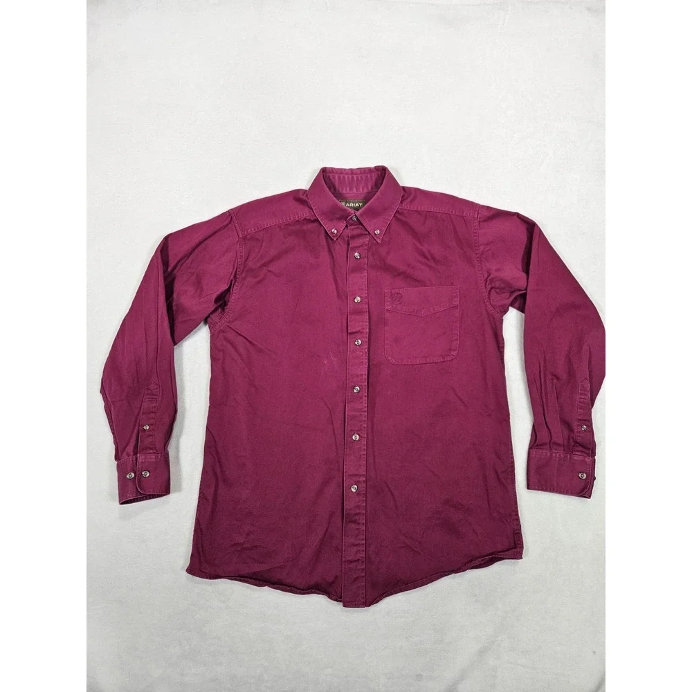 Ariat Shirt Mens Med Red Long Sleeve Button Down Pocket Logo 100% Cotton Western